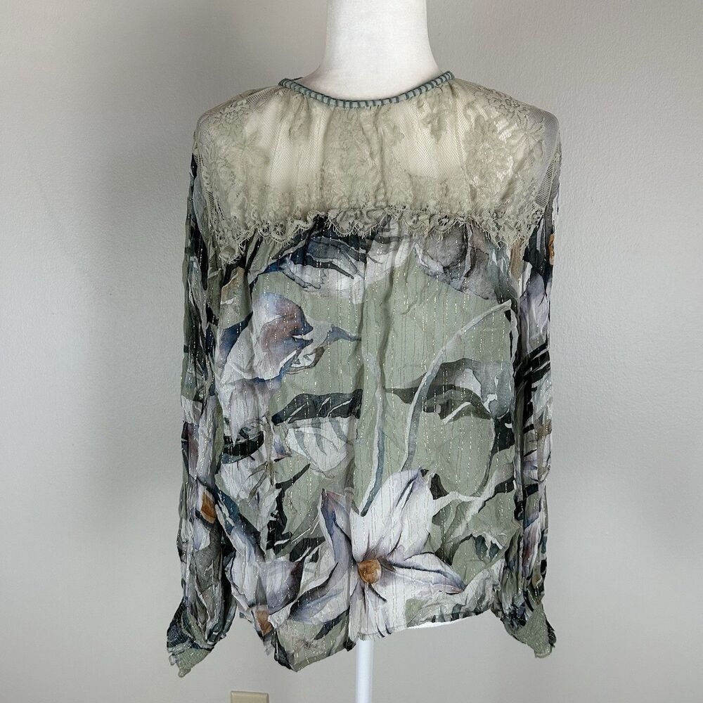 Blnk Bl^nk London Anthropologie XL Peasant Top Floral Blouse Lace Eclectic Gold - Picture 2 of 6